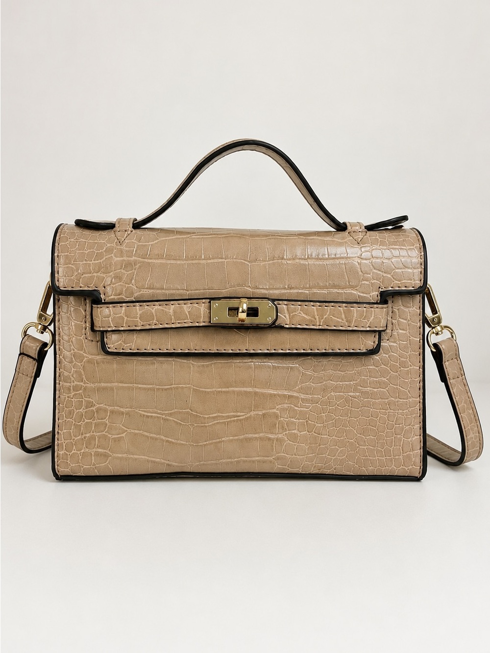 Taupe Croc Embossed Top Handle Crossbody Satchel Bag - Picture 1 of 14